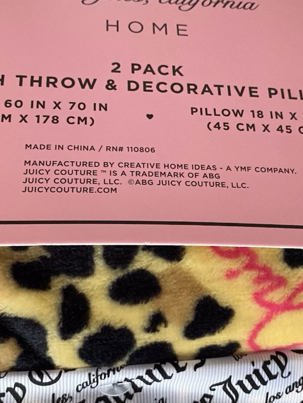 Set Juicy Couture‎ Leopard Cheetah Plush Throw Blanket 60”X70” & Pillow 18”X18”